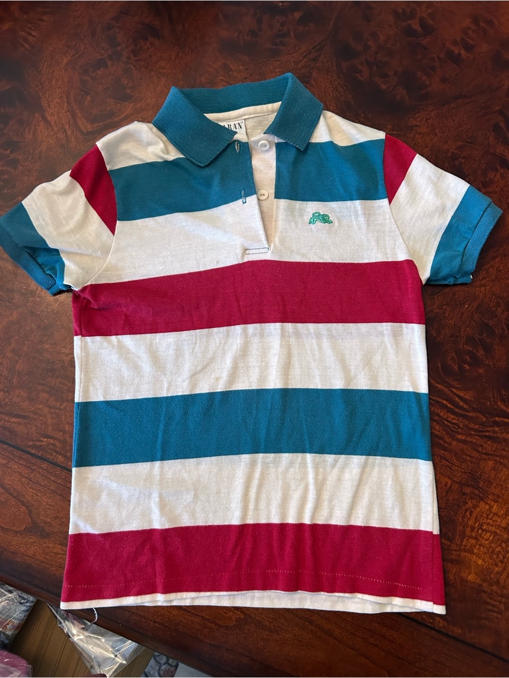 Vintage  Y2K 90s Boys Garan Striped Red Teal White Polo Shirt Size Small